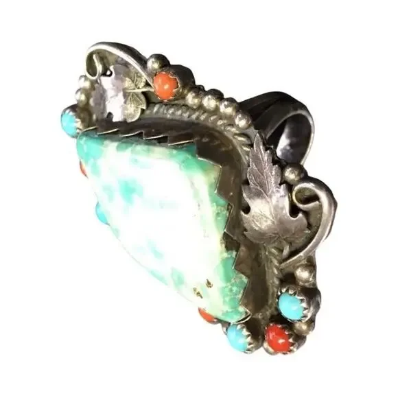 Antique Navajo Ring Green Turquoise Sterling Silver Native Indian Signed Sz10.5 - Picture 6 of 12